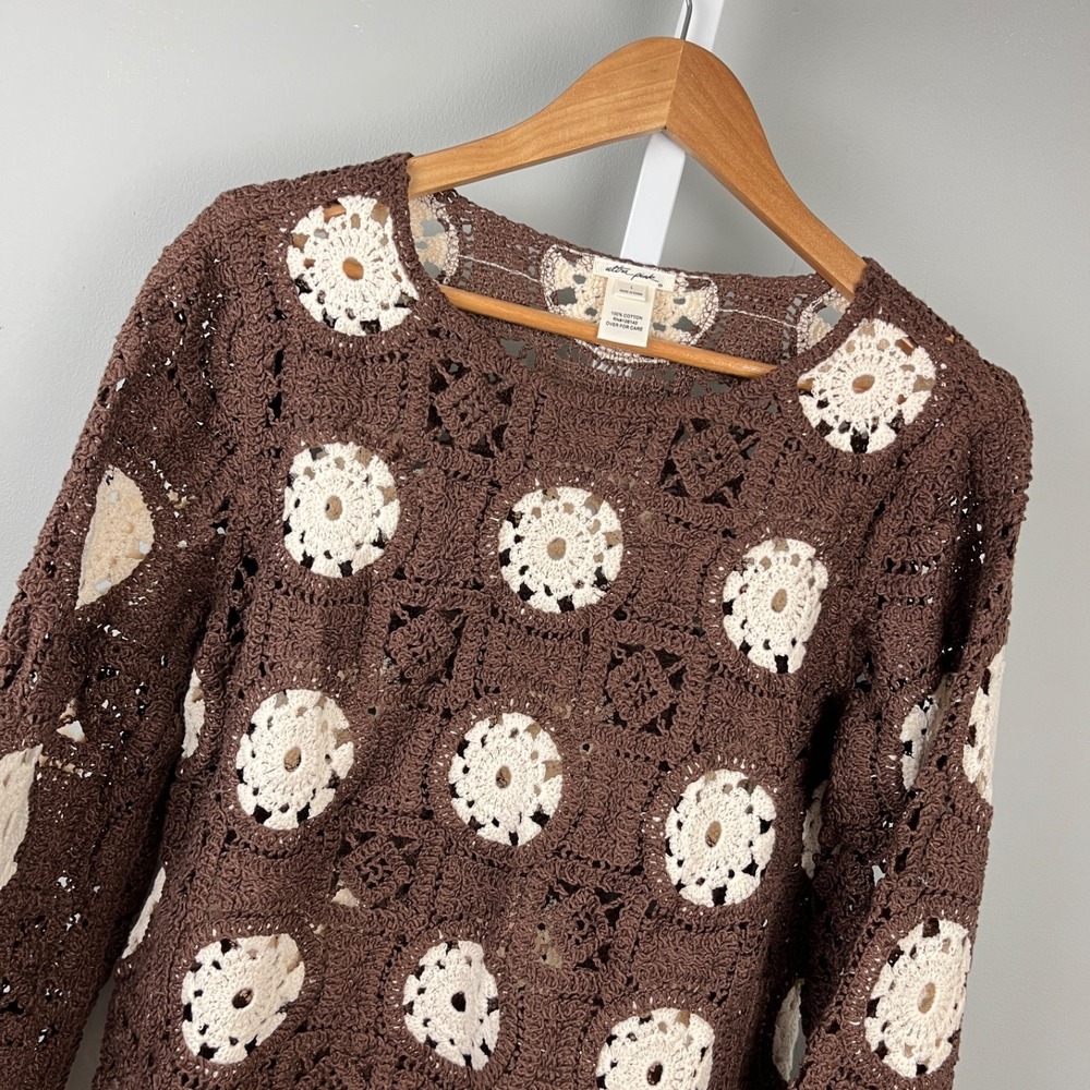 Ultra Pink Boho Crochet Knit Top Womens L‎ Brown Flower Long Sleeve Festival